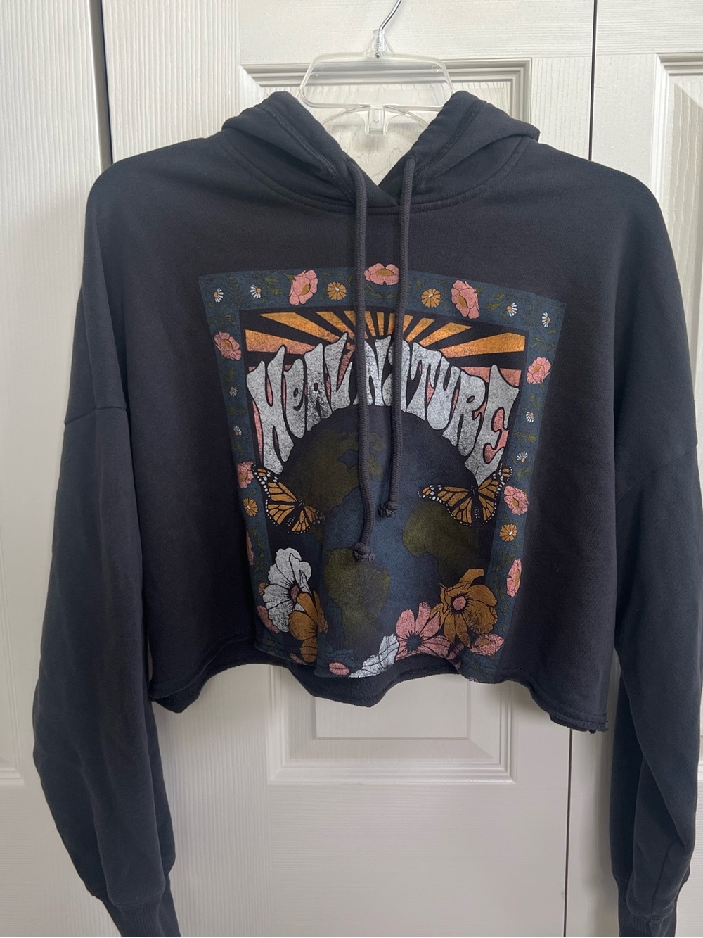 Hollister Cropped Hoodie Top Size M Gray Graphic Heal Nature Soft Y2K